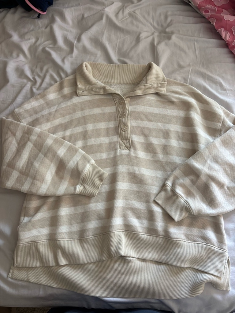 American Eagle Outfitters Cream and White Striped Henley Pullover